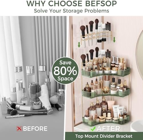 BEFSOP Corner Bathroom Counter Organizer, Upgraded 3-Tier Makeup Organizer Countertop with Makeup Brush Holder, Skincare