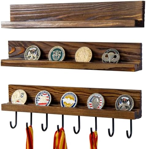 MyGift Rustic Burnt Solid Brown Wood Wall Mounted Challenge Coin Holder – Casino Chip Display Rack with Matte Black Meta