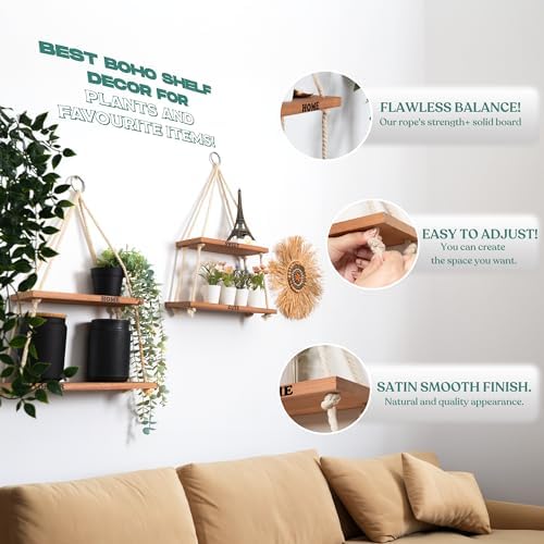Hanging Shelves for Wall, Living Room, Bedroom - Boho Room Decor Aesthetic - Hanging Plant Shelf Decor - Floating Shelve