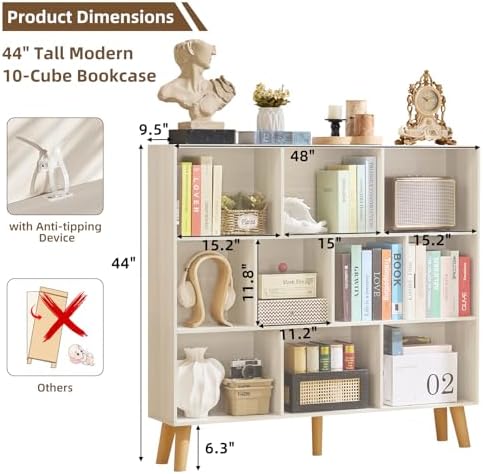 LEYAOYAO 10 Cube Bookshelf,Mid-Century Modern Bookcase with Legs,Light Grey