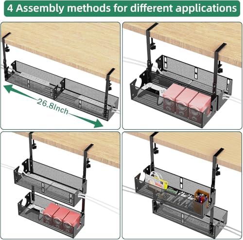Multi-Model Under Desk Cable Management 2 Pack Metal Under Desk Wire Management Tray Clamp Mount Under Table Cord Manage