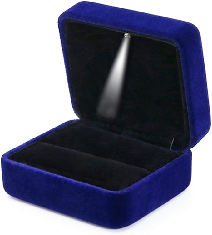 Single Slot Velvet Ring Box for Engagement or Wedding with LED Light - Blue