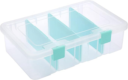 BTSKY Clear Plastic Dividing Storage Box with 4 Compartments Adjustable Storage Bin with Lid Plastic Craft Storage Container Multipurpose Sewing Box Art Supply Organizer, 13.3x8.1x3.4 Inches