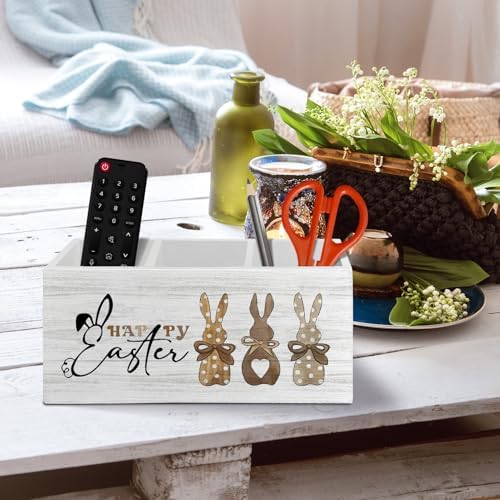 Happy Easter Bunny Decor, Bunny Rabbit Gifts, Bunny Easter Gifts for Women, Funny Pen Pencil Holder Organizer for Desk Accessories, Wooden Box Sign Desk Decor for Home Office Decoration