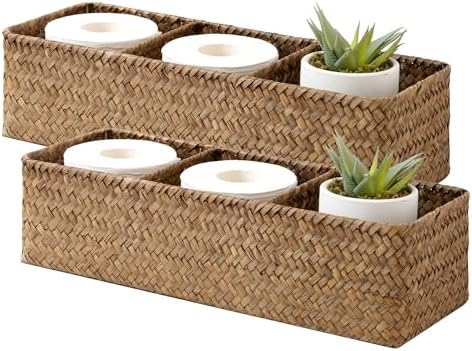 StorageWorks Toilet Paper Basket with Lid, Back of Toilet Baskets, Seagrass