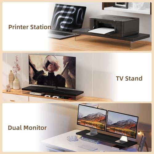 Dual Monitor Stand Riser, 40x10 in Wood & Acrylic Desktop Organizer Shelf