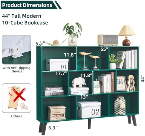 LEYAOYAO 10 Cube Bookshelf,Mid-Century Modern Bookcase with Legs,Dark Green