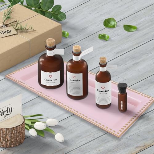 2 Pack Pink Bathroom Vanity Tray for Countertop with Beads, Small Plastic Toilet Tank Versatile Storage Organization Tra