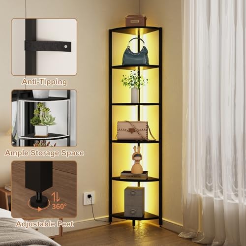 6-Tier Corner Shelf with LED Lights - 65" Tall Narrow Bookshelf, Standing Shelf with Storage Rack, Sturdy Metal Frame & 
