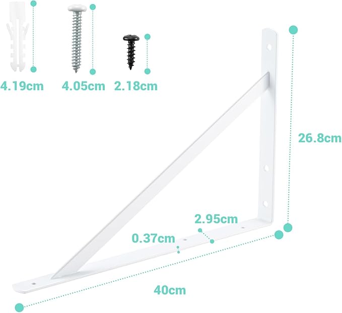 HOME MASTER HARDWARE 16x10 inch Heavy Duty Shelf Brackets, White Metal Wall Mounted Supports for Shelves, L Shaped Shelf Angle Bracket for Floating Shelves, 4 Pack