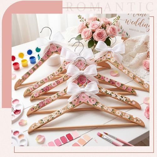 Fumete 41 Pcs DIY Bride Bridesmaid Hanger for Wedding Dress Wooden Bridal Hangers with Acrylic Paint Strips, Palettes, Painting Brushes for Wedding Bridal Shower Party Craft Keepsake Favor Gift