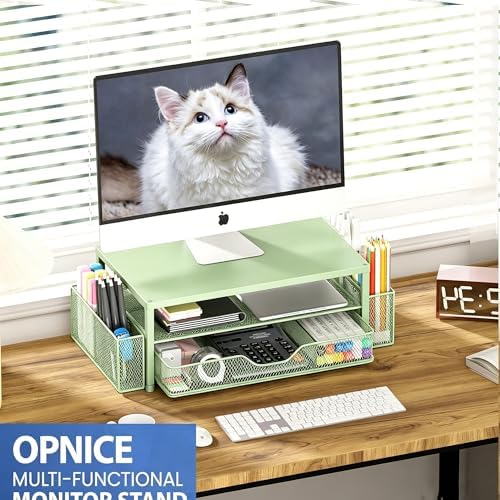 OPNICE Desk Organizers and Accessories, Computer Monitor Stand Riser with Drawer and 2 Pen Holders, Printer & Laptop Sta