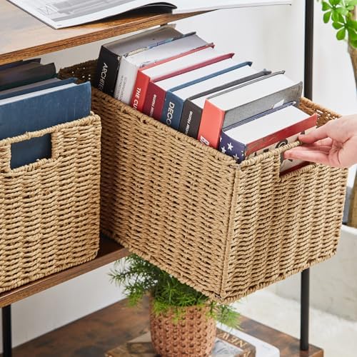 Vagusicc Wicker Storage Basket, Set of 2 Hand-Woven Paper Rope Wicker Basket, Small Storage Baskets for Organizing Toile