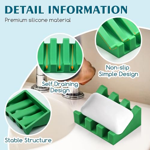 Self Draining Silicone Soap Dish Holder Waterfall Tray, 1 Pack Green