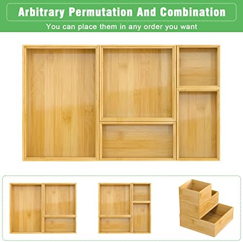 Bamboo Bathroom Drawer Organizer Dividers, Wooden Kitchen Utensil Holder Set of 5, Stackable Junk Drawer Organizer Tray,