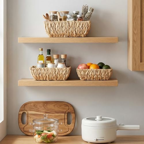 Noamus 3 Pack Wicker Baskets for Organizing, Natural Hand Woven Storage Bins, Water Hyacinth Towels&Toilet Paper Organiz
