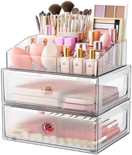 3 Tier Clear Makeup Organizer with Drawer, PET Cosmetic Storage for Dresser, Countertop & Bathroom Vanity, Holders for L