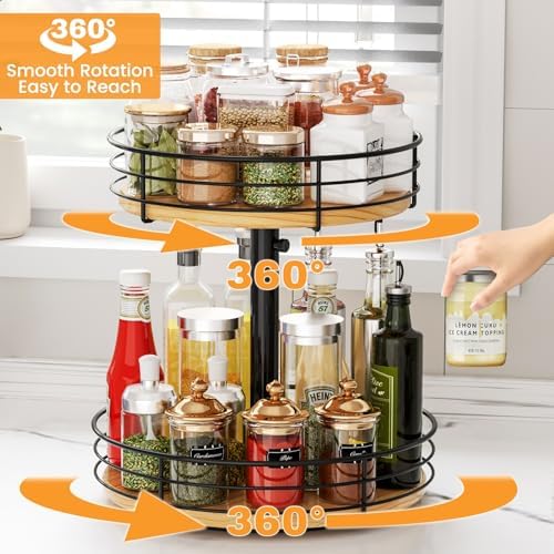 2 Tier Lazy Susan Spice Rack Organizer, Rotating Turntable, Black