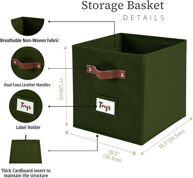 DECOMOMO Storage Bins, Cube Storage Bin with Labels | 10.5" x 11" Fabric Storage Cubes for Shelves (6pcs, Olive Green)