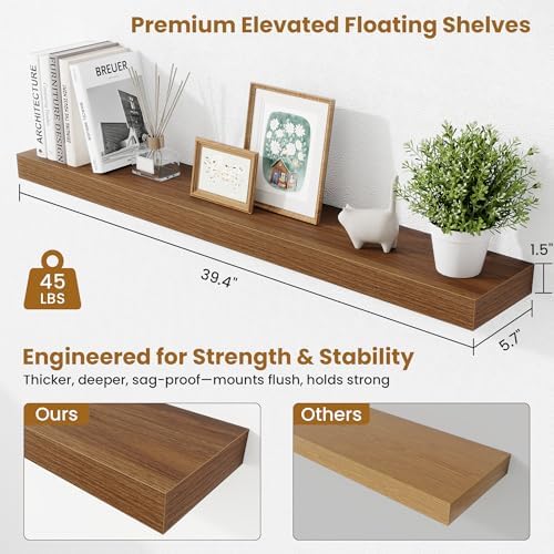 Fun Memories 40 Inch Floating Shelves, Long Wood Wall Shelf Set of 2 with Invisible Brackets, for Bathroom, Living Room,