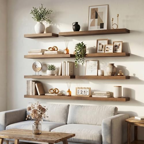 72In Floating Shelves for Wall, 6.5"D Wood Storage Shelves, Walnut Finish