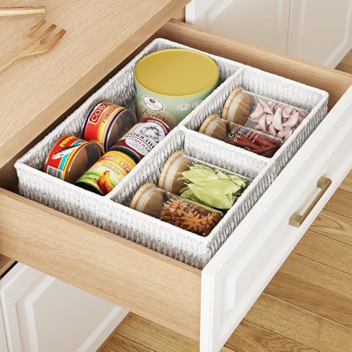 Vagusicc Wicker Divided Storage Basket, White Wicker Baskets, Basket for Shelves Drawer Organizing, 3 Section Rectangula