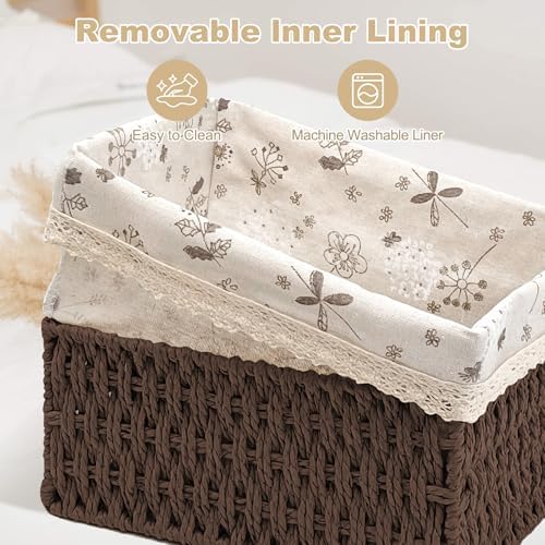 Wicker Storage Baskets, Handwoven Paper Rope Organizer Bins with Removable Floral Liner, Large for Bathroom, Pantry, She