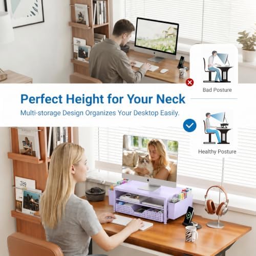 OPNICE Desk Organizers and Accessories, Computer Monitor Stand Riser with Drawer and 2 Pen Holders, Printer & Laptop Sta