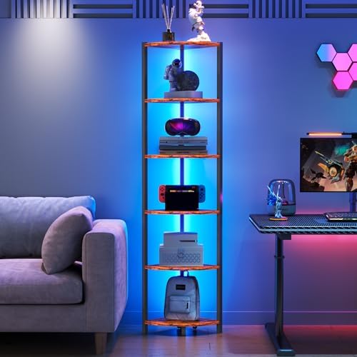 Corner Shelf with LED Lights, 6-Tier Corner Bookshelf, 66'' Organizer Book Shelf Shelves Steel Frame Display Stand with 