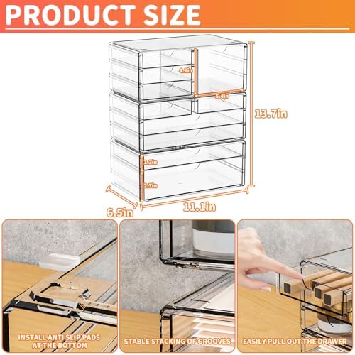 Yieach 3Pack Clear Drawer Organizers Stackable,Acrylic Storage Drawers With 10 Drawers,Multipurpose Office Supply Organi