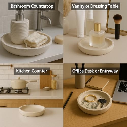 Natural Travertine Round Decorative Tray - 8-inch Beige Stone Vanity Bowl, Anti-Slip Organizer Plate for Bathroom, Kitch