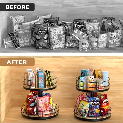 Snack Organizer - Versatile Snack Storage 2 Tier Lazy Susan with Convenient Grab-and-Go Design, Wood and Metal Snack Hol