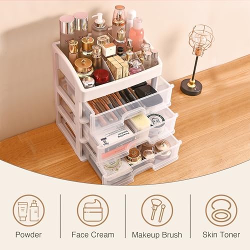 Makeup Organizer - Cosmetic Storage with 3 Drawers & Top Compartments - Durable PET ABS - White