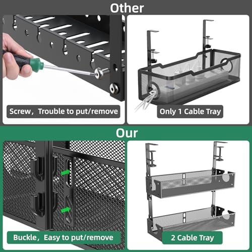 Multi-Model Under Desk Cable Management 2 Pack Metal Under Desk Wire Management Tray Clamp Mount Under Table Cord Manage