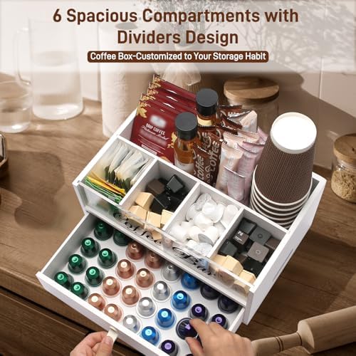 2-Tier Coffee Bar Organizer with Clear Acrylic Top, Built-in Drawer and Leather Handle Pull for Countertop, Stylish Coff