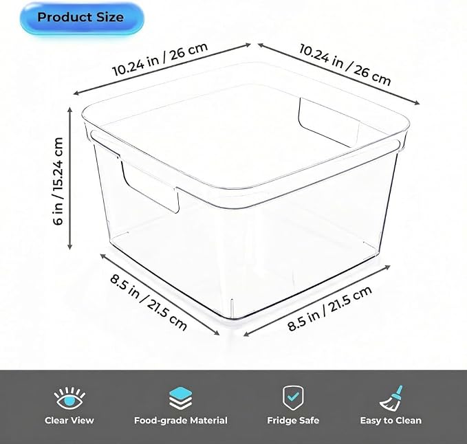 MOONEDGE 8PCS 10x10x6 Clear Plastic Cube Storage Bins with Handles,Open-Top | Durable square organizer containers for closet,pantry,kitchen,fridge,playroom,bathroom,under-sink and all-in-one organization
