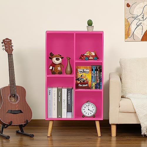 LEYAOYAO 5 Cube Bookshelf, Mid-Century Modern Book Shelf with Legs, Pink