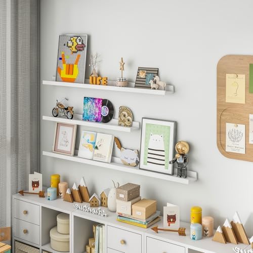 FLYJOE Picture Ledge Shelf for Wall, 24 inch Solid Ash Wood Nursery Book Shelves 2 Packs, Floating Shelves for Kids' Room Bedroom Bathroom Living Room Photo Frames Office Nursey Wall Decor, White