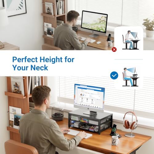 OPNICE Desk Organizer and Accessories, 2-Tier Computer Monitor Stand Riser with 2 Drawer, Laptop Stand, Office Desk Acce