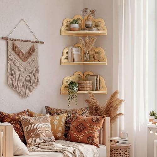 2 Pcs Cloud Floating Corner Shelf Set Boho Rattan Storage with Natural Pine Wood Frame Cute Corner Shelves for Wall Home