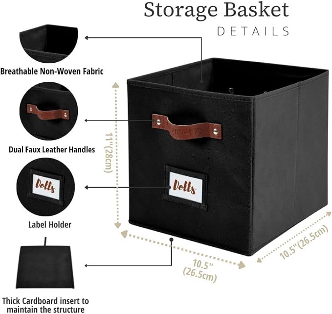 DECOMOMO Storage Bins, Cube Storage Bin with Labels | 10.5" x 11" Fabric Storage Cubes for Shelves (6pcs, Black)