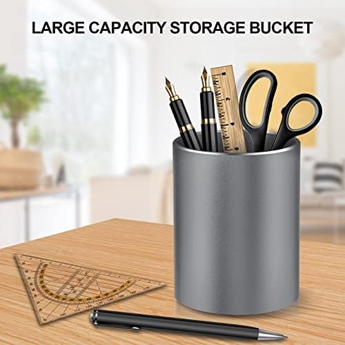Desk Pen Holder, Pencil Cup, Pen Organizer for Desk—Metal Pencil Holder, Pen Cup, and Storage Box for the Office, Home, and—Non-slip Silicone Base—3.93 × 3.14 inches (Gray)