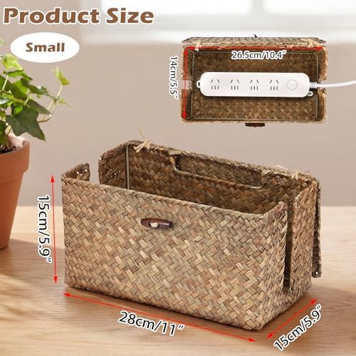 BTSKY Woven Cable Management Box with Lid, Seagrass Cord Organizer with 2 Open Slots for Power Strips & USB Hubs, Under 