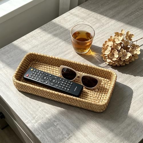 1PCS Handmade Rattan Bathroom Vanity Tray Wicker Toilet Tank Basket Natural Storage Bin Organizer for Bathroom Kitchen C