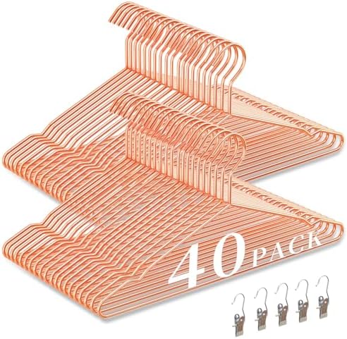 40Pack Rose Gold Metal Hangers with 5 Included Clips, Strong Metal Hangers