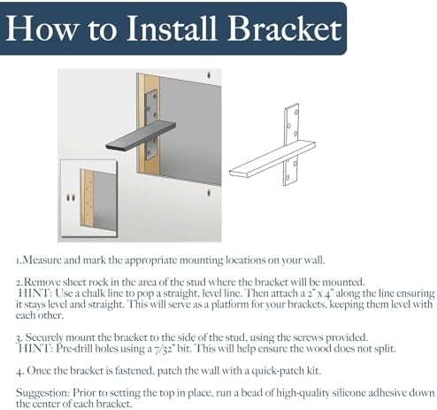Free Hanging Countertop Support Bracket 12" Lx2.5 W 3 Pack Heavy Duty Hidden Floating Wall Shelf Bracket 3/8" Thick for 