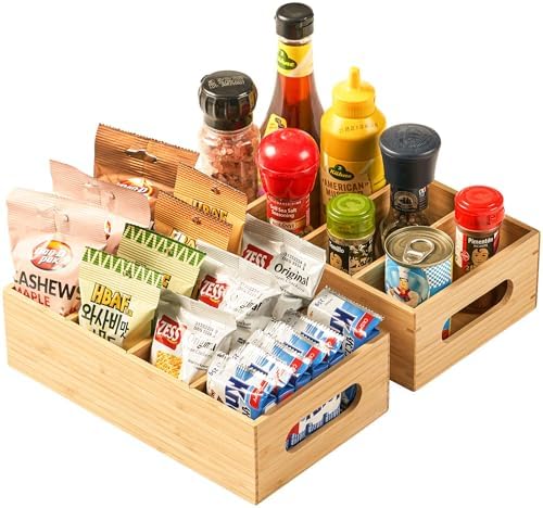 Umilife Bamboo Pantry Organizers and Storage Bins with Removable Dividers, Kitchen Drawer Cabinet Countertop Organizatio