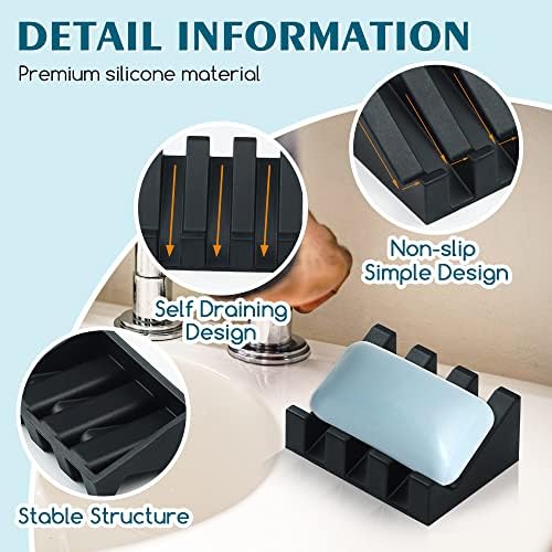 Self Draining Silicone Soap Dish Holder Waterfall Tray, 2 Pack Black