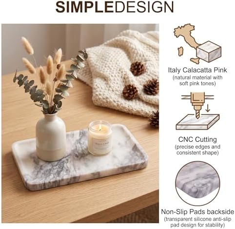 Calcatta Pink Marble Vanity Tray for Bathroom Counter-12 X7 Decorative Tray for Perfume, Candles, Stone Jewelry Dish Tra