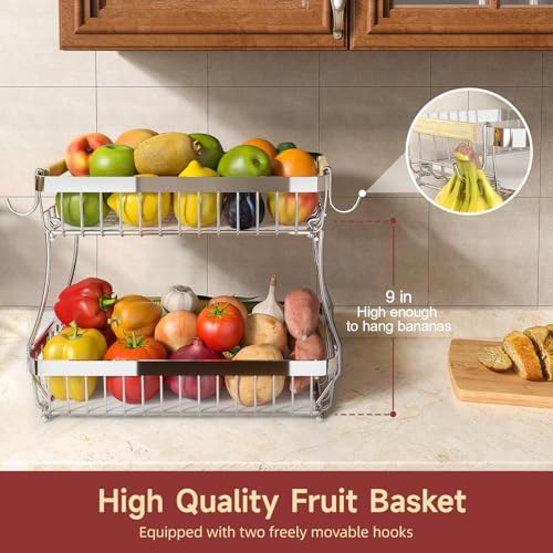 Sevenblue 2-Tier Fruit Basket with Banana Hangers, Detachable Metal Bowl